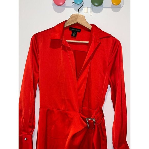 HOUSE OF HARLOW Front Rhinestone Buckle Satin Wrap 35" Mini Dress in Red XS - Picture 3 of 11